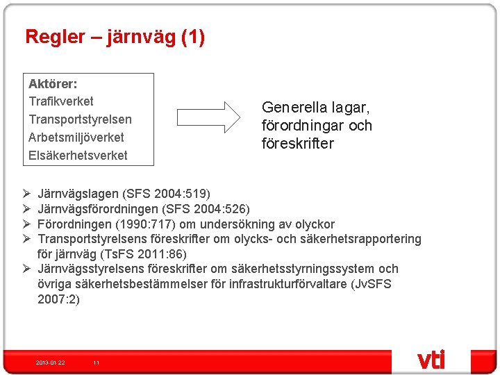 Regler – järnväg (1) Aktörer: Trafikverket Transportstyrelsen Arbetsmiljöverket Elsäkerhetsverket Ø Ø Generella lagar, förordningar