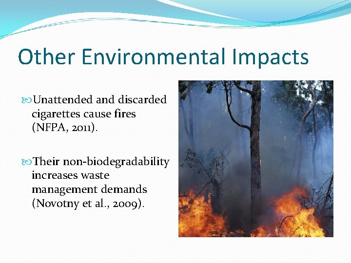 Other Environmental Impacts Unattended and discarded cigarettes cause fires (NFPA, 2011). Their non-biodegradability increases