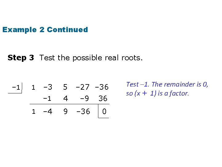 Example 2 Continued Step 3 Test the possible real roots. – 1 – 3