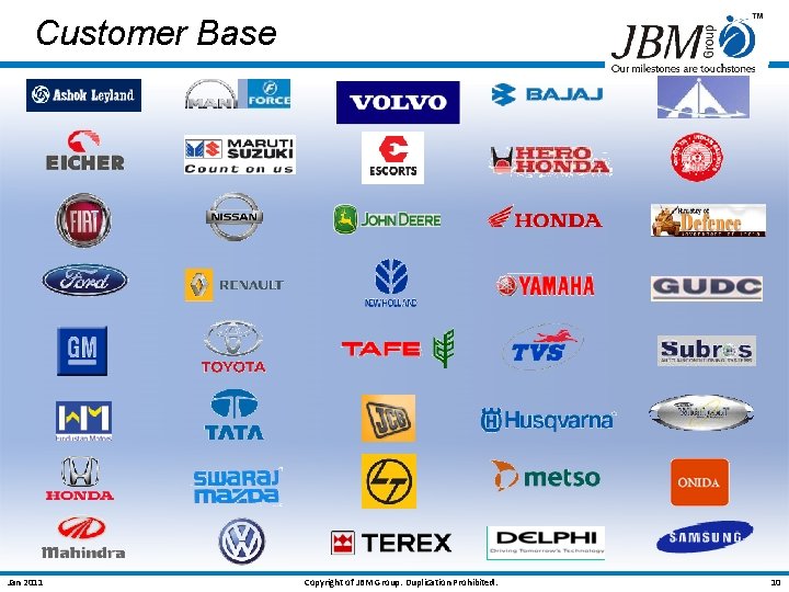 Customer Base Jan 2011 Copyright of JBM Group. Duplication Prohibited. 10 