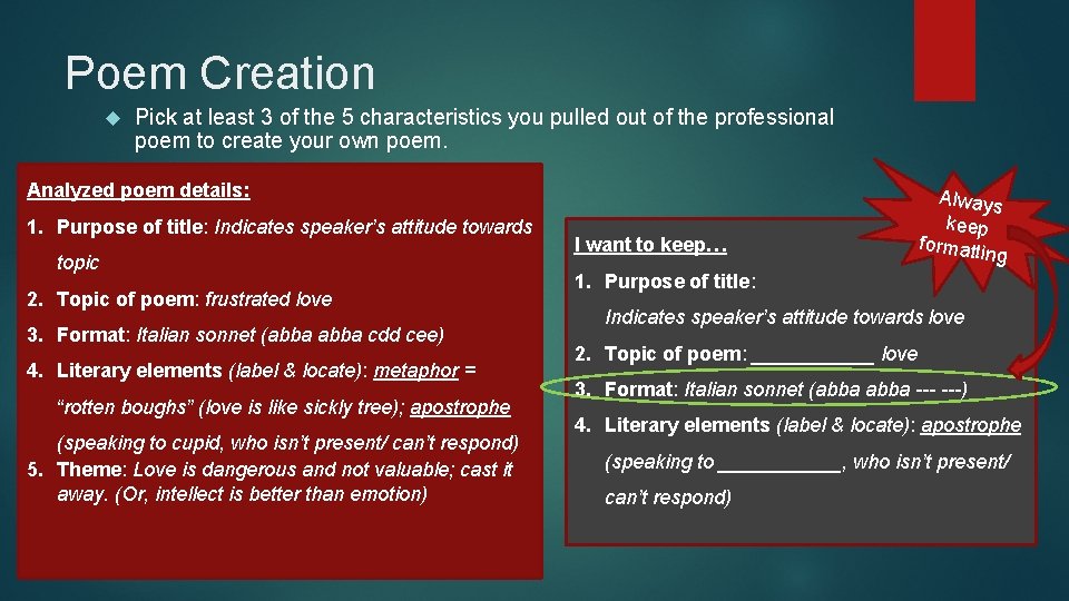 Poem Creation Pick at least 3 of the 5 characteristics you pulled out of