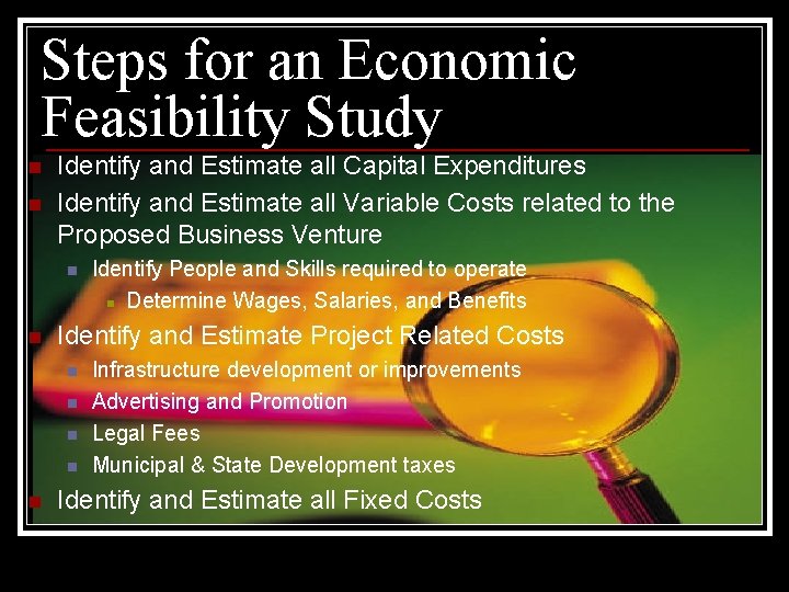Steps for an Economic Feasibility Study n n Identify and Estimate all Capital Expenditures