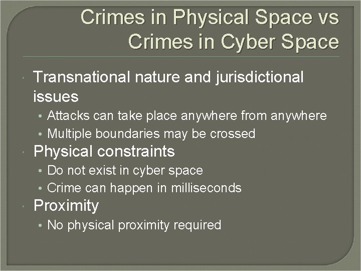 Crimes in Physical Space vs Crimes in Cyber Space Transnational nature and jurisdictional issues