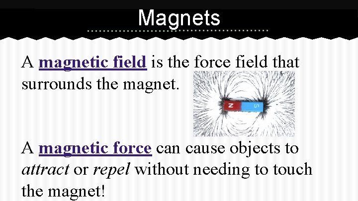 Magnets A magnetic field is the force field that surrounds the magnet. A magnetic