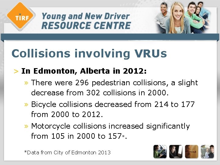 Collisions involving VRUs > In Edmonton, Alberta in 2012: » There were 296 pedestrian