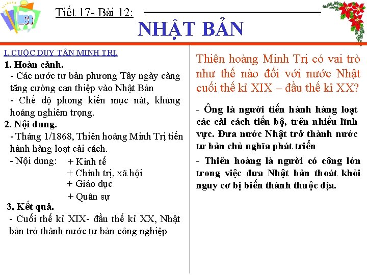 Tiết 17 - Bài 12: NHẬT BẢN I. CUỘC DUY T N MINH TRỊ.