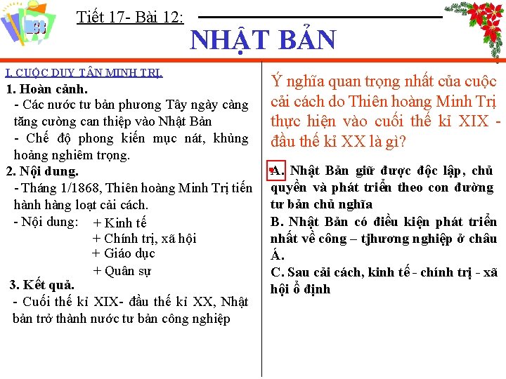 Tiết 17 - Bài 12: NHẬT BẢN I. CUỘC DUY T N MINH TRỊ.