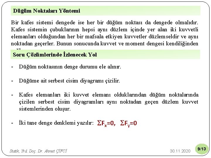 Düğüm Noktaları Yöntemi Bir kafes sistemi dengede ise her bir düğüm noktası da dengede