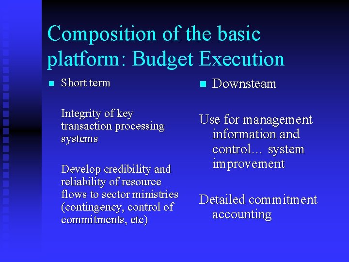 Composition of the basic platform: Budget Execution n Downsteam Short term n Integrity of