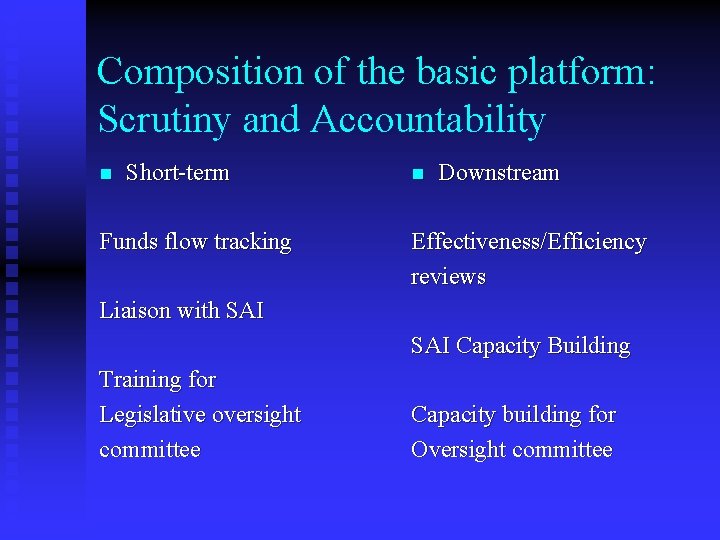 Composition of the basic platform: Scrutiny and Accountability n Short-term Funds flow tracking n