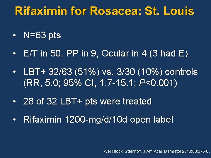 Rifaximin for Rosacea: St. Louis • N=63 pts • E/T in 50, PP in