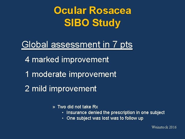 Ocular Rosacea SIBO Study Global assessment in 7 pts 4 marked improvement 1 moderate