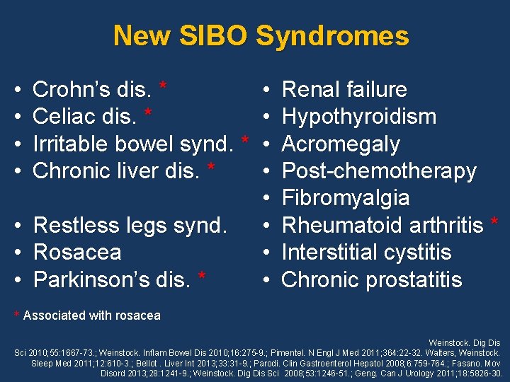 New SIBO Syndromes • • Crohn’s dis. * Celiac dis. * Irritable bowel synd.