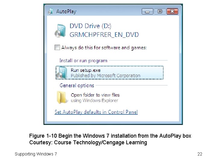 Figure 1 -10 Begin the Windows 7 installation from the Auto. Play box Courtesy: