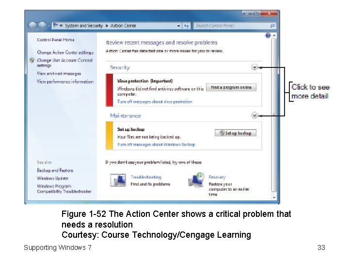 Figure 1 -52 The Action Center shows a critical problem that needs a resolution