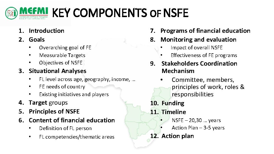 KEY COMPONENTS OF NSFE 1. Introduction 2. Goals • • • Overarching goal of