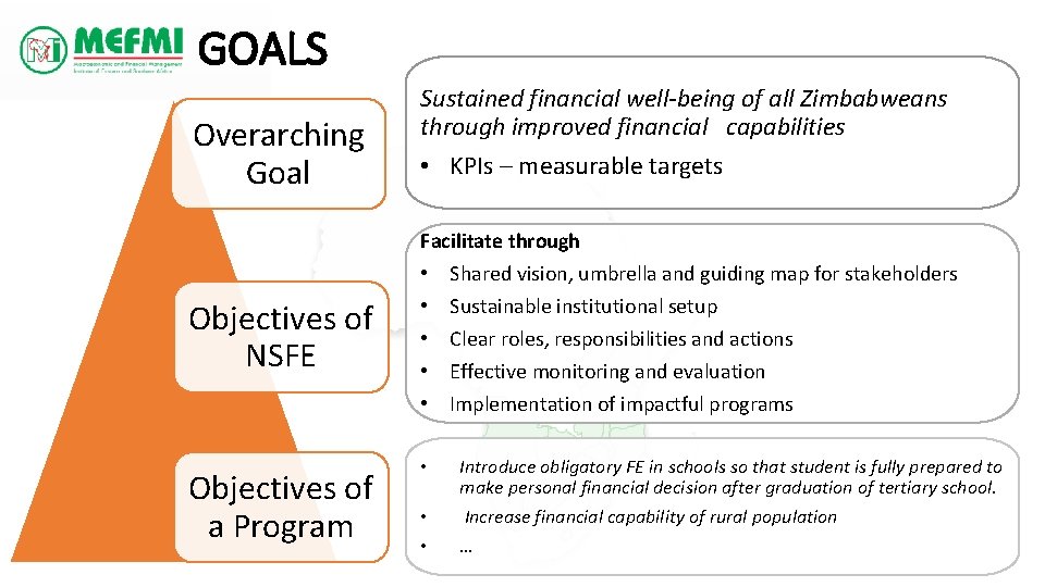 GOALS Overarching Goal Sustained financial well-being of all Zimbabweans through improved financial capabilities •