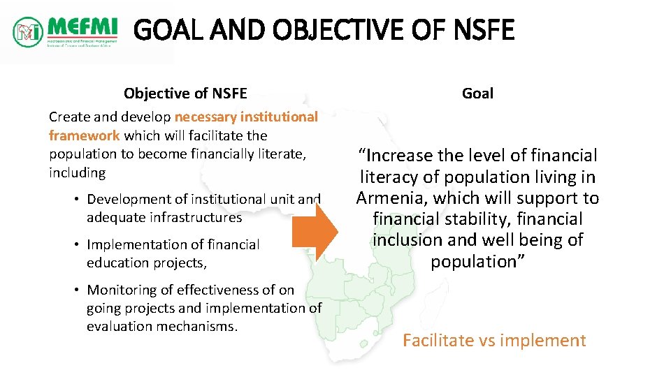 GOAL AND OBJECTIVE OF NSFE Objective of NSFE Create and develop necessary institutional framework