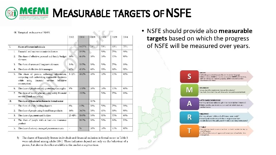 MEASURABLE TARGETS OF NSFE • NSFE should provide also measurable targets based on which