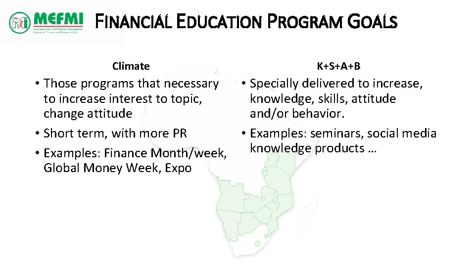 FINANCIAL EDUCATION PROGRAM GOALS Climate K+S+A+B • Those programs that necessary • Specially delivered