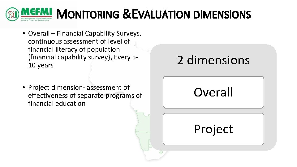MONITORING &EVALUATION DIMENSIONS • Overall – Financial Capability Surveys, continuous assessment of level of