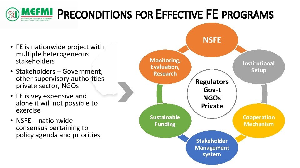 PRECONDITIONS FOR EFFECTIVE FE PROGRAMS • FE is nationwide project with multiple heterogeneous stakeholders