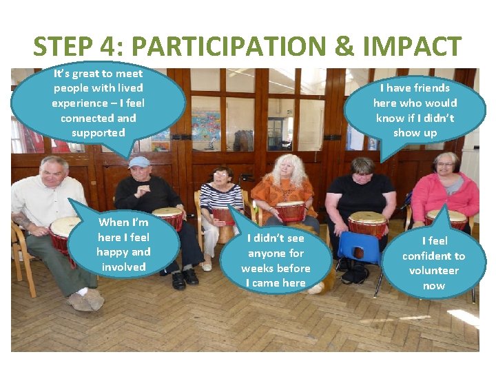 STEP 4: PARTICIPATION & IMPACT It’s great to meet people with lived experience –