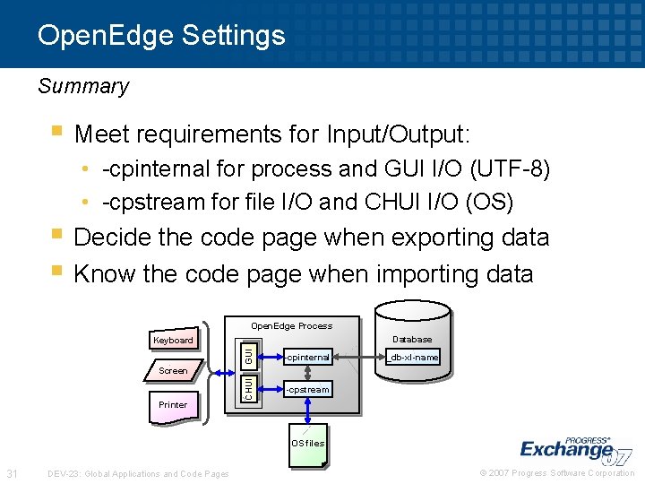 Open. Edge Settings Summary § Meet requirements for Input/Output: • -cpinternal for process and