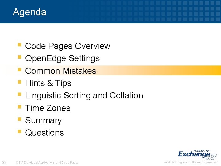 Agenda § Code Pages Overview § Open. Edge Settings § Common Mistakes § Hints