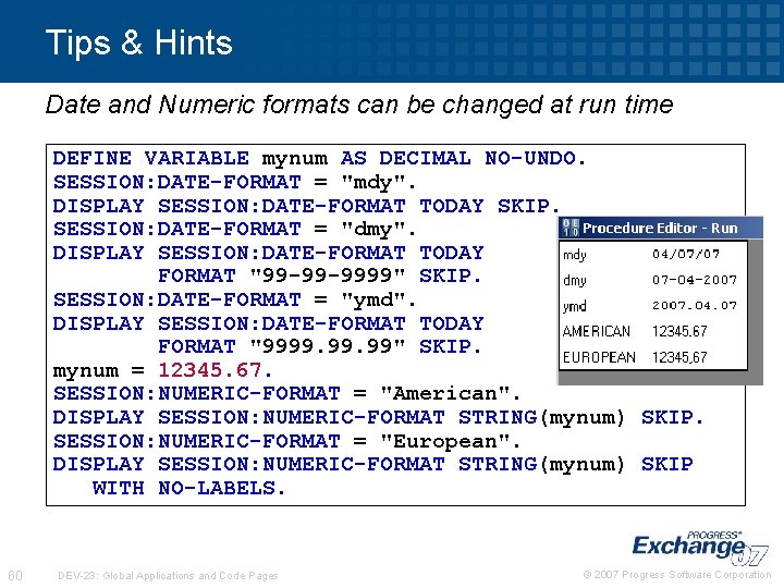 Tips & Hints Date and Numeric formats can be changed at run time DEFINE