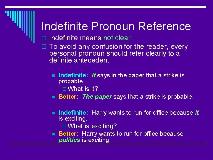 Indefinite Pronoun Reference o Indefinite means not clear. o To avoid any confusion for