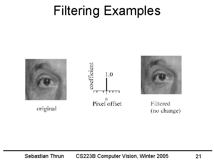 Filtering Examples Sebastian Thrun CS 223 B Computer Vision, Winter 2005 21 