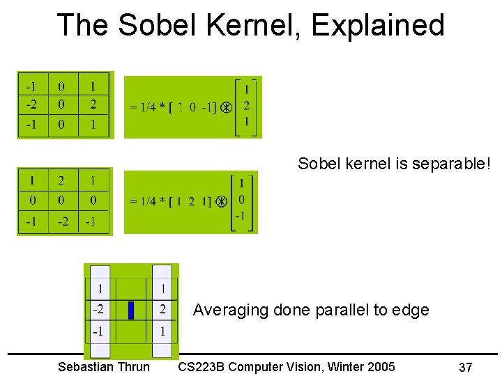 The Sobel Kernel, Explained Sobel kernel is separable! Averaging done parallel to edge Sebastian