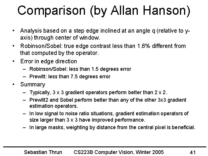 Comparison (by Allan Hanson) • Analysis based on a step edge inclined at an