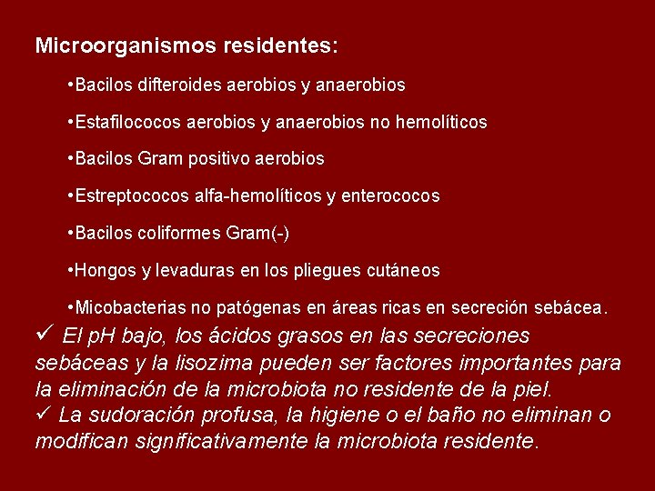 Microorganismos residentes: • Bacilos difteroides aerobios y anaerobios • Estafilococos aerobios y anaerobios no