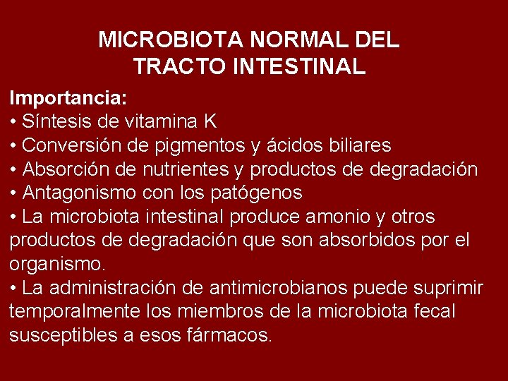 MICROBIOTA NORMAL DEL TRACTO INTESTINAL Importancia: • Síntesis de vitamina K • Conversión de