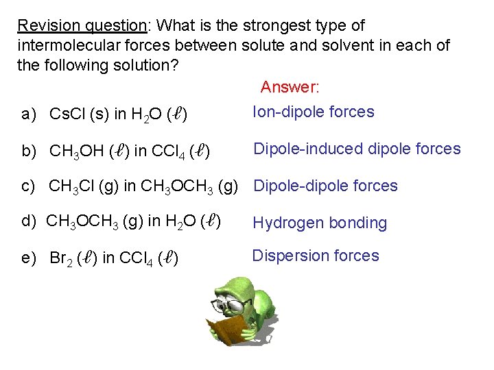 Revision question: What is the strongest type of intermolecular forces between solute and solvent