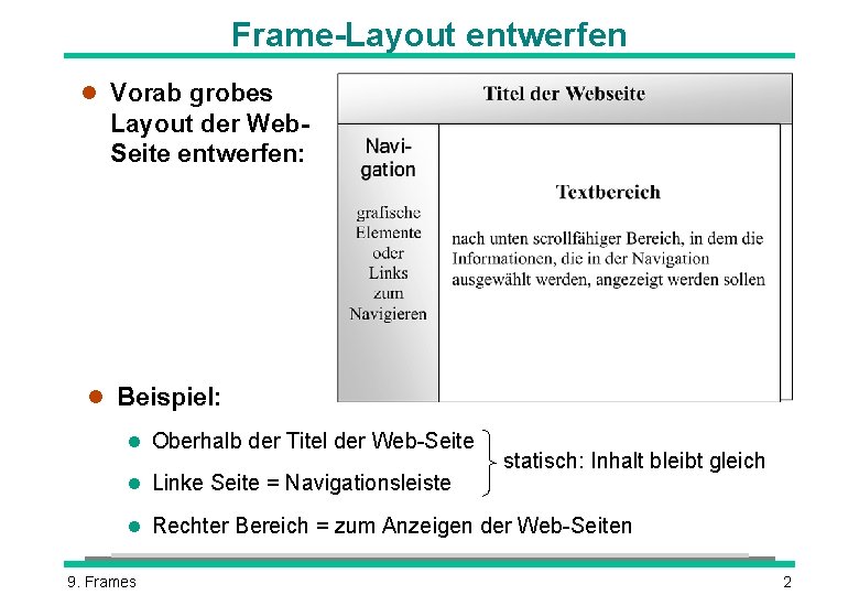 Frame-Layout entwerfen l Vorab grobes Layout der Web. Seite entwerfen: l Beispiel: l Oberhalb