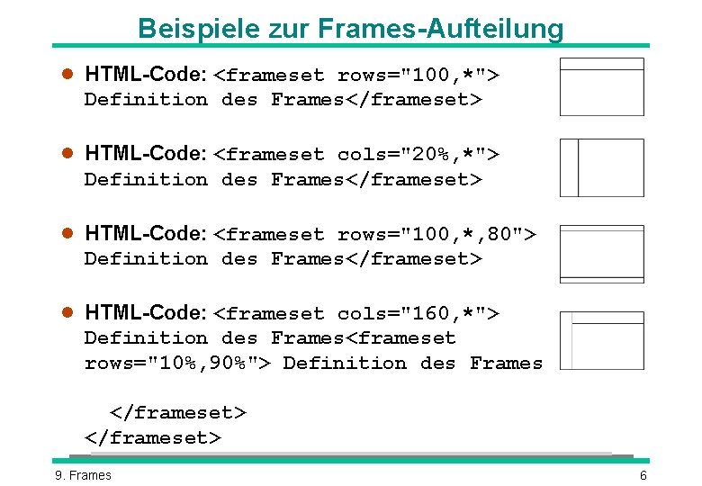 Beispiele zur Frames-Aufteilung l HTML-Code: <frameset rows="100, *"> Definition des Frames</frameset> l HTML-Code: <frameset