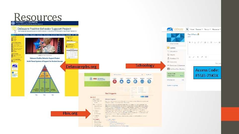 Resources Delawarepbs. org Pbis. org Schoology Access Code: F 5 SJ 3 -75 K