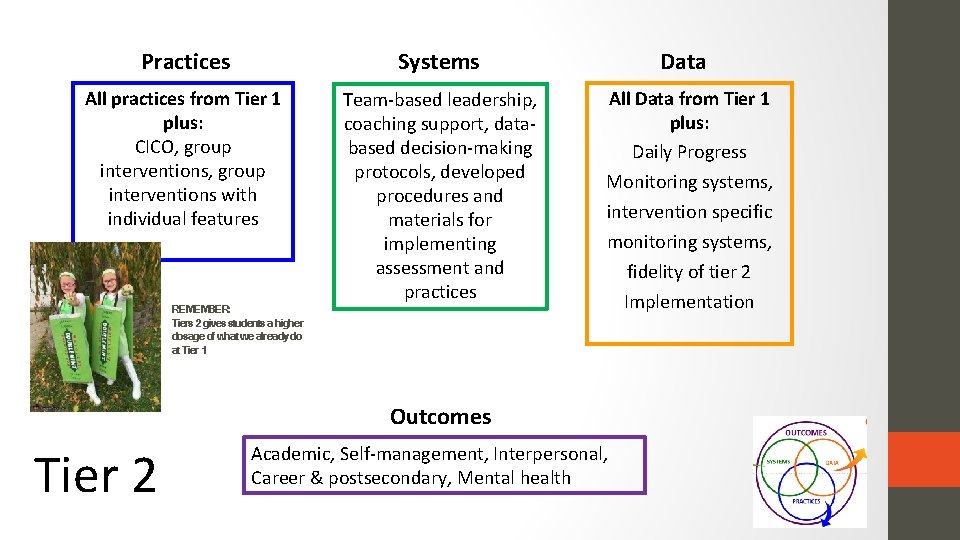 Practices Systems All practices from Tier 1 plus: CICO, group interventions with individual features