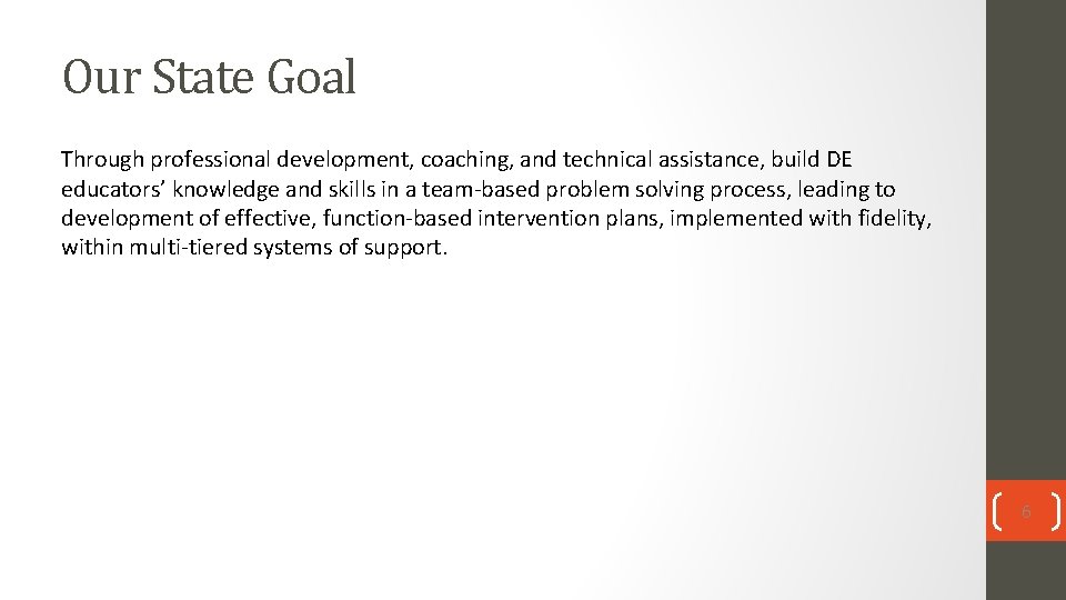 Our State Goal Through professional development, coaching, and technical assistance, build DE educators’ knowledge