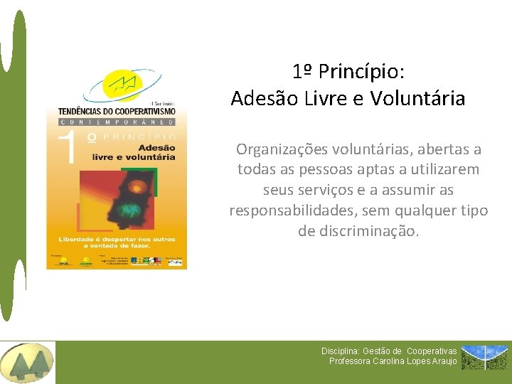 1º Princípio: Adesão Livre e Voluntária Organizações voluntárias, abertas a todas as pessoas aptas