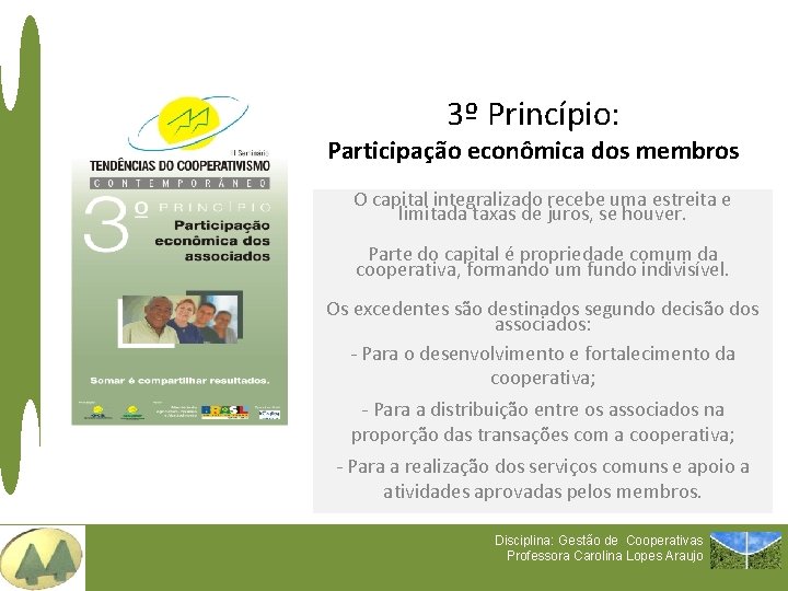 3º Princípio: Participação econômica dos membros O capital integralizado recebe uma estreita e limitada