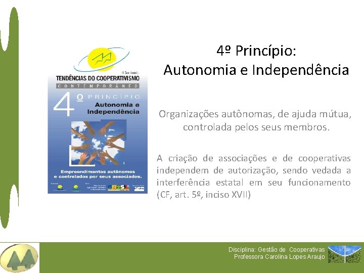4º Princípio: Autonomia e Independência Organizações autônomas, de ajuda mútua, controlada pelos seus membros.