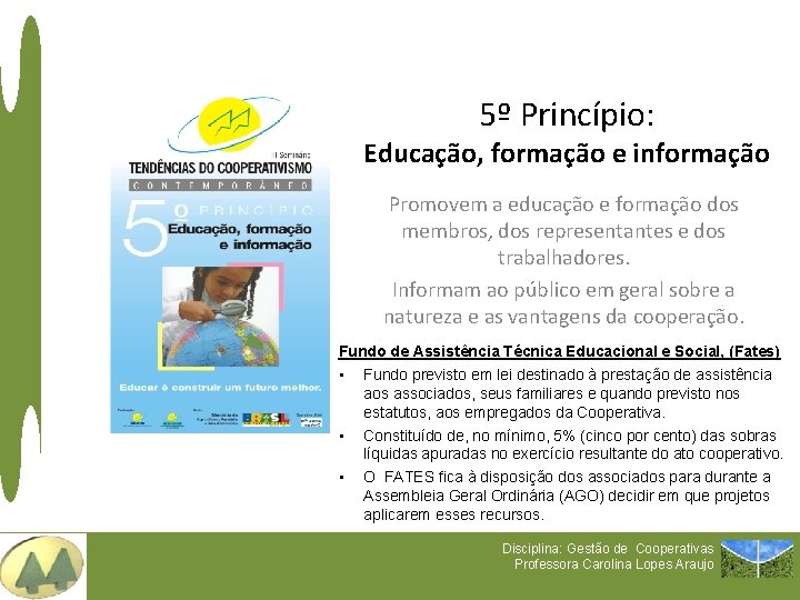 5º Princípio: Educação, formação e informação Promovem a educação e formação dos membros, dos