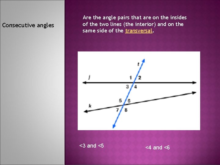 Consecutive angles Are the angle pairs that are on the insides of the two