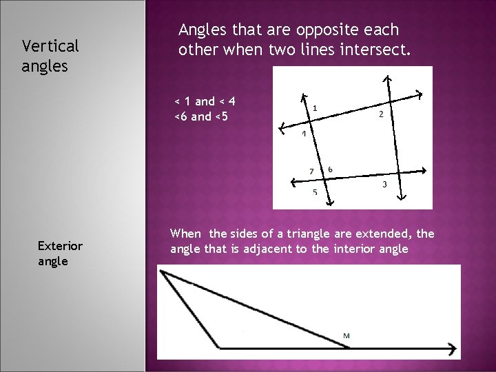 Vertical angles Angles that are opposite each other when two lines intersect. < 1
