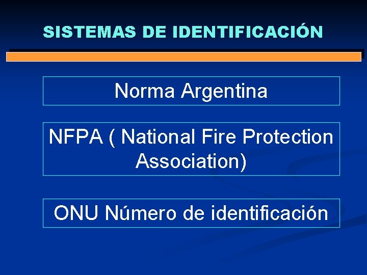 SISTEMAS DE IDENTIFICACIÓN Norma Argentina NFPA ( National Fire Protection Association) ONU Número de