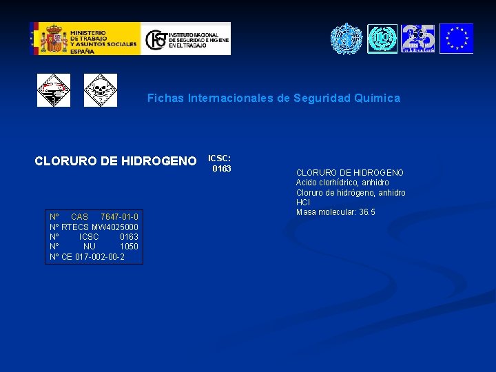 Fichas Internacionales de Seguridad Química CLORURO DE HIDROGENO Nº CAS 7647 -01 -0 Nº